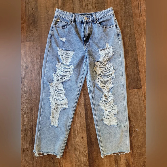 Indigo Rein Distressed Cropped Mom Jeans - Picture 1 of 7